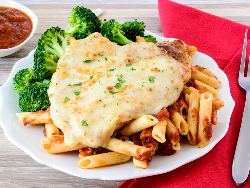 Chicken Parmesan with Penne Pasta and Broccoli